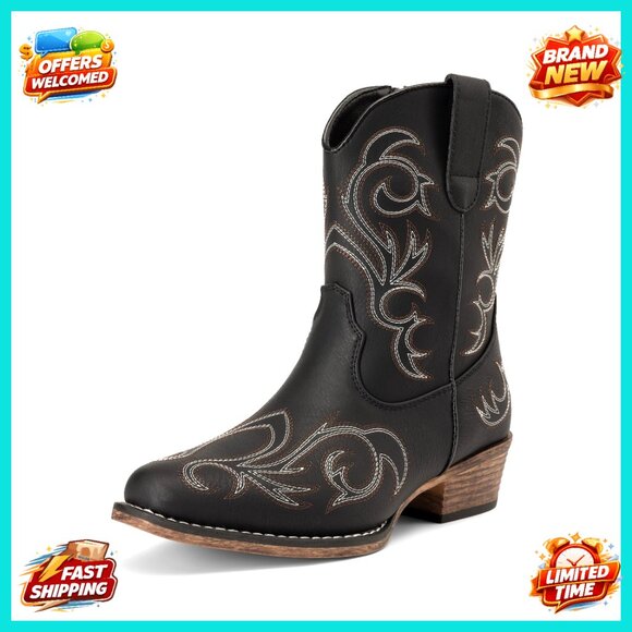Embroidered Western Ankle Boots Square Toe Chunky Heel Retro Fashion Booties